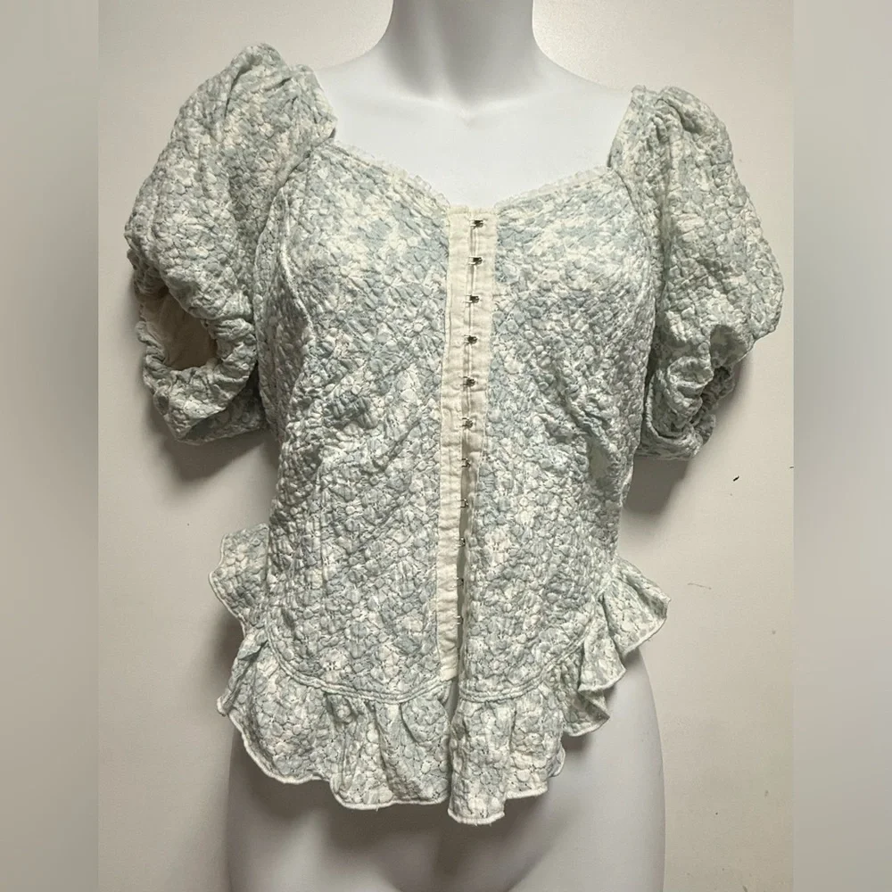 Free People White Puff Sleeve Fitted Blouse